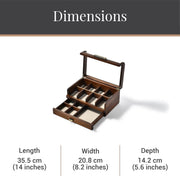 A wooden jewelry box with multiple compartments, measuring 35.5 cm in length, 20.8 cm in width, and 14.2 cm in depth.