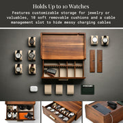 The image showcases a wooden watch storage box with multiple compartments, designed to hold up to 10 watches and provide a customizable storage solution for jewelry or valuable items. The box features soft removable cushions and a cable management slot to hide messy charging cables.