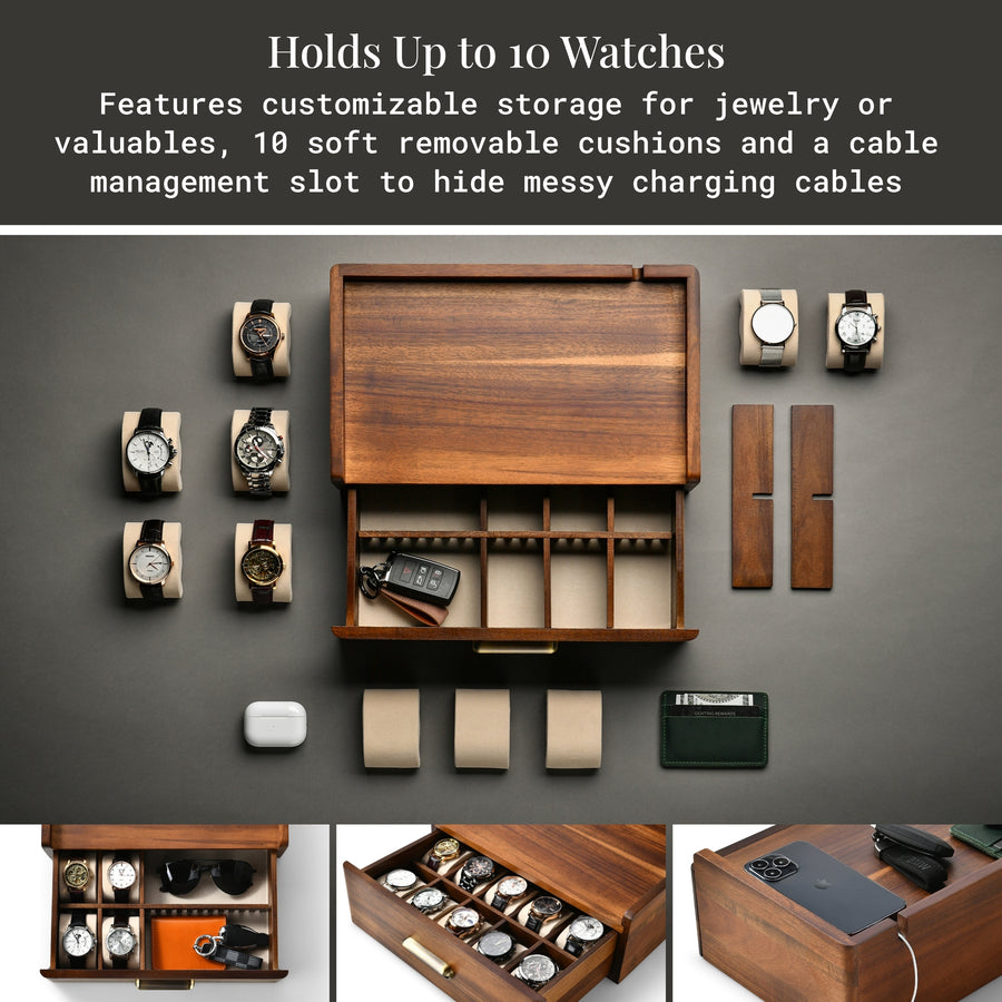 The image showcases a wooden watch storage box with multiple compartments, designed to hold up to 10 watches and provide a customizable storage solution for jewelry or valuable items. The box features soft removable cushions and a cable management slot to hide messy charging cables.