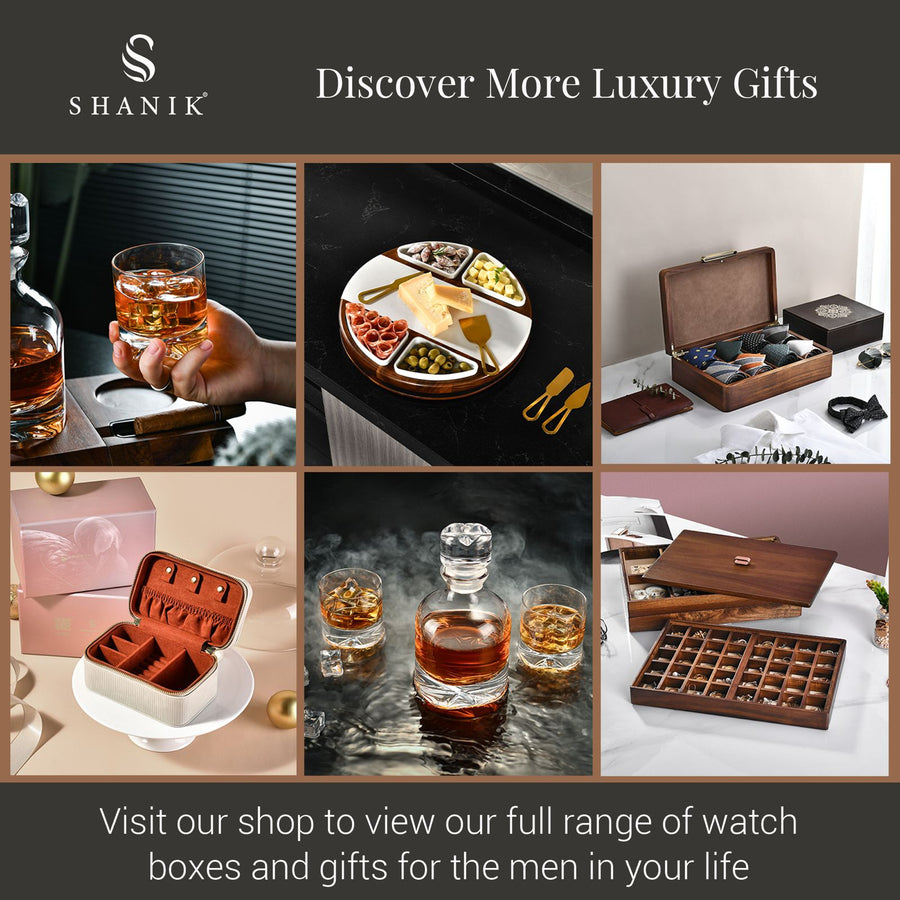 The image is a collage of six different images showcasing various luxury gifts and watch boxes for men.
