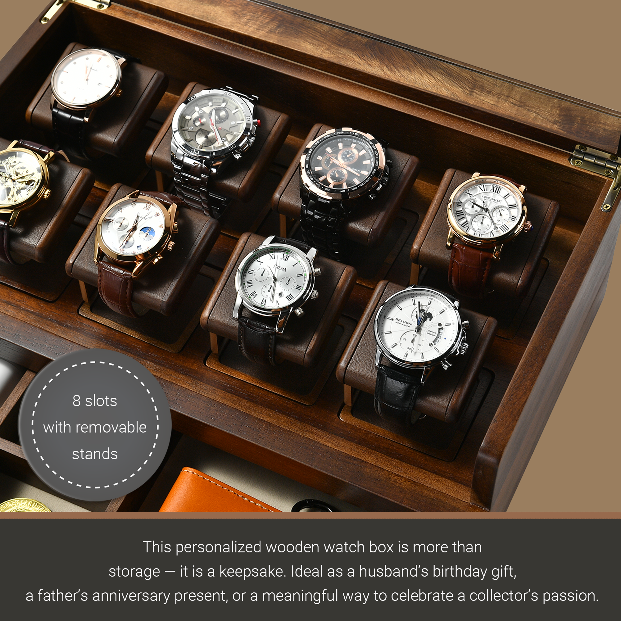 A wooden watch box containing various types of watches, including some with leather straps, arranged in a grid-like pattern.