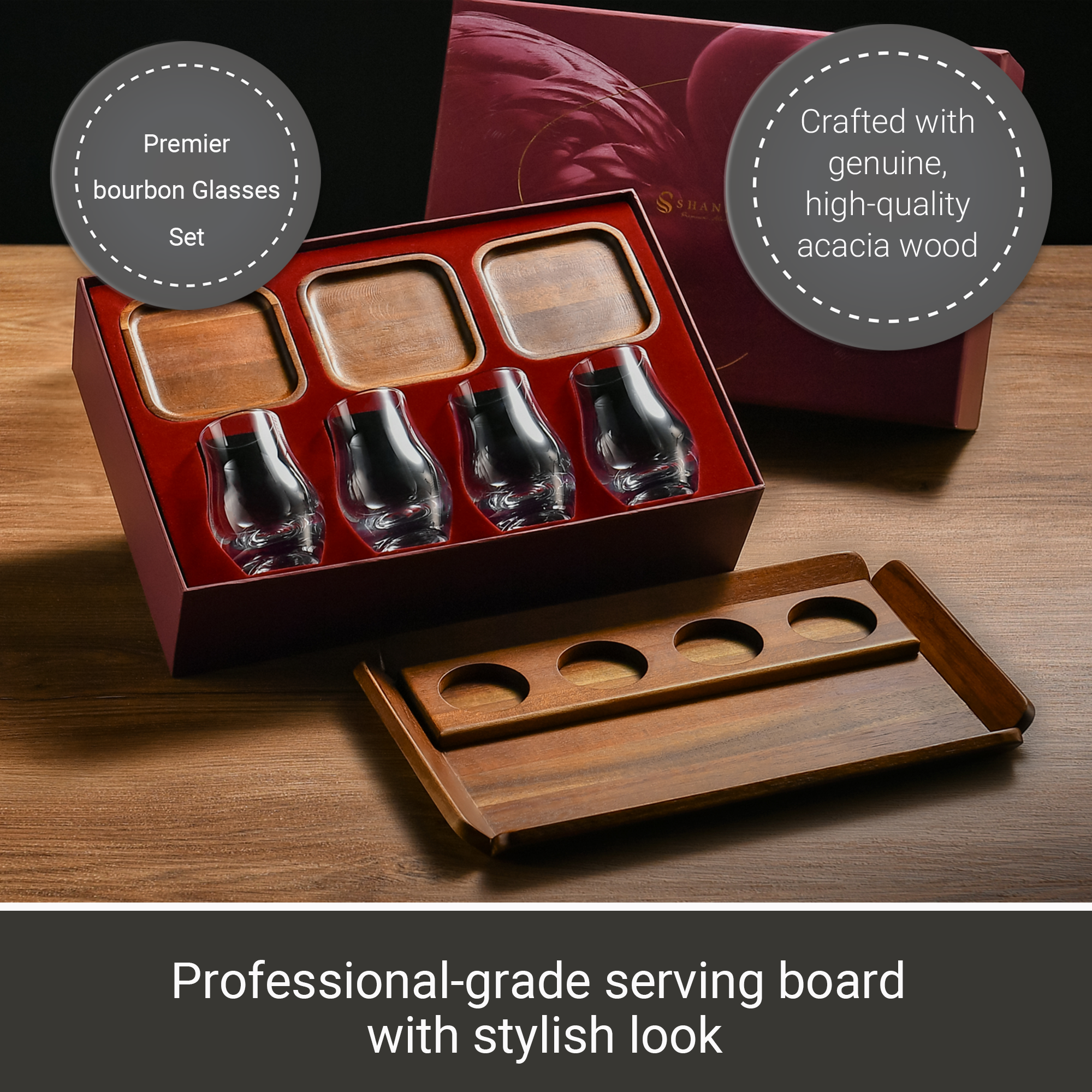 The image showcases a set of four premium-quality bourbon glasses in a wooden serving board, with a focus on the elegant design and craftsmanship.
