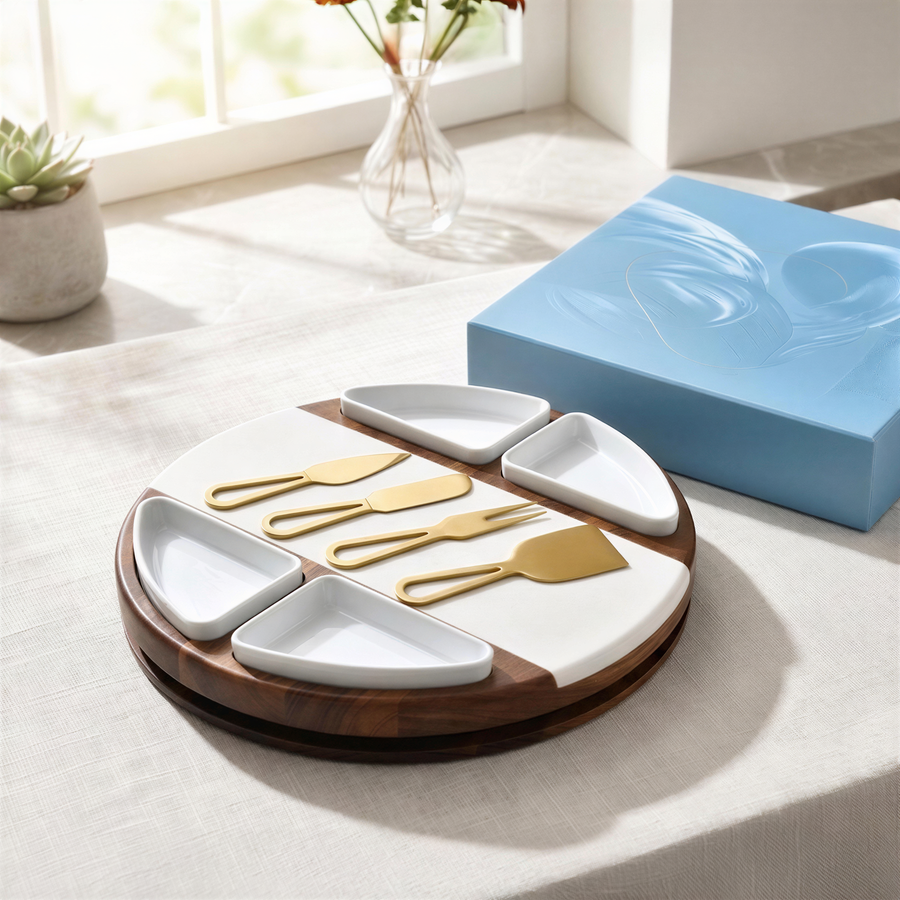 a wooden tray with a circular arrangement of four white serving dishes, each containing a different type of utensil, including a knife, fork, and spoon. The tray is placed on a table, and there is a blue box in the background.