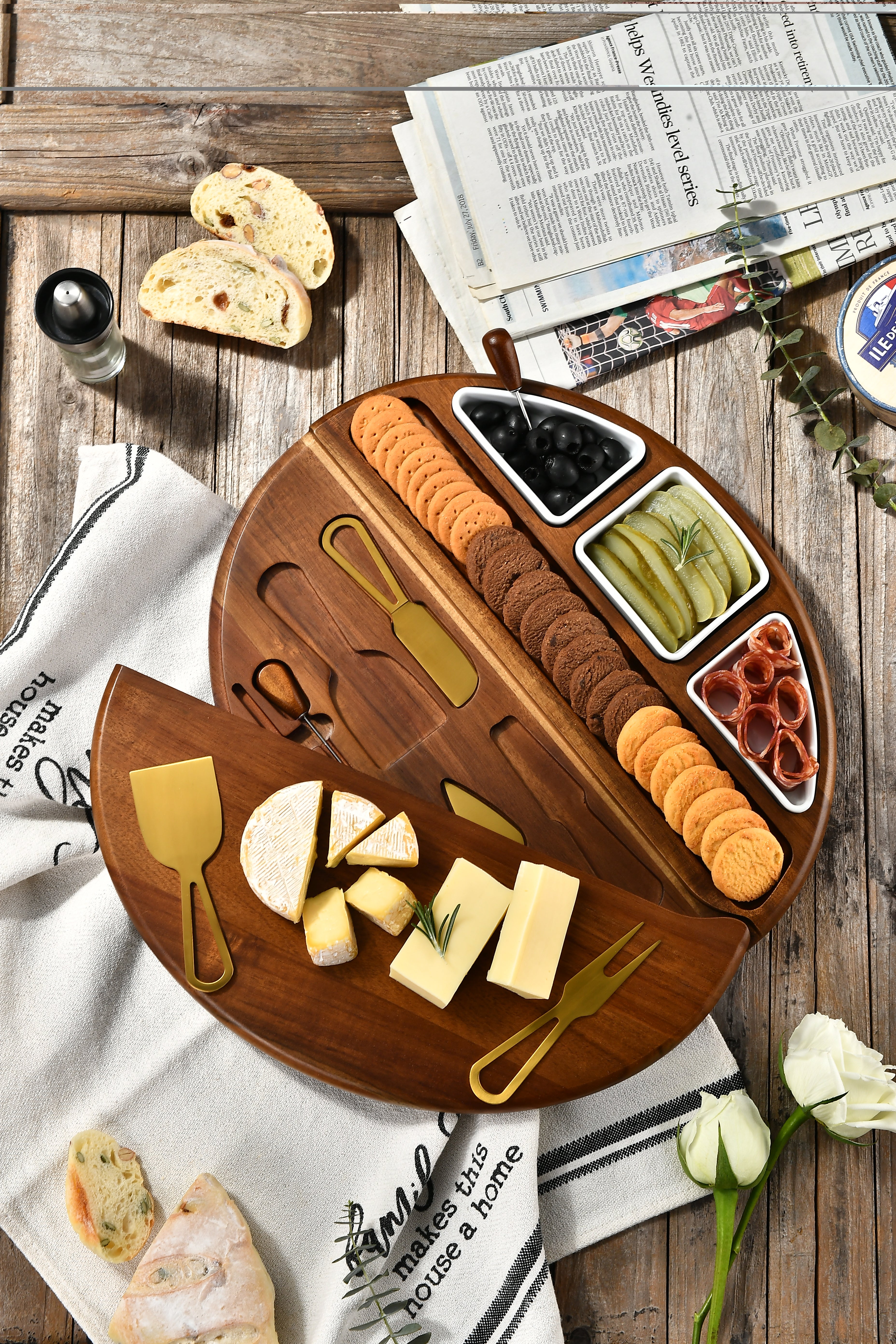 Oval Cheese Board Set with Nesting Bowls and Utensils