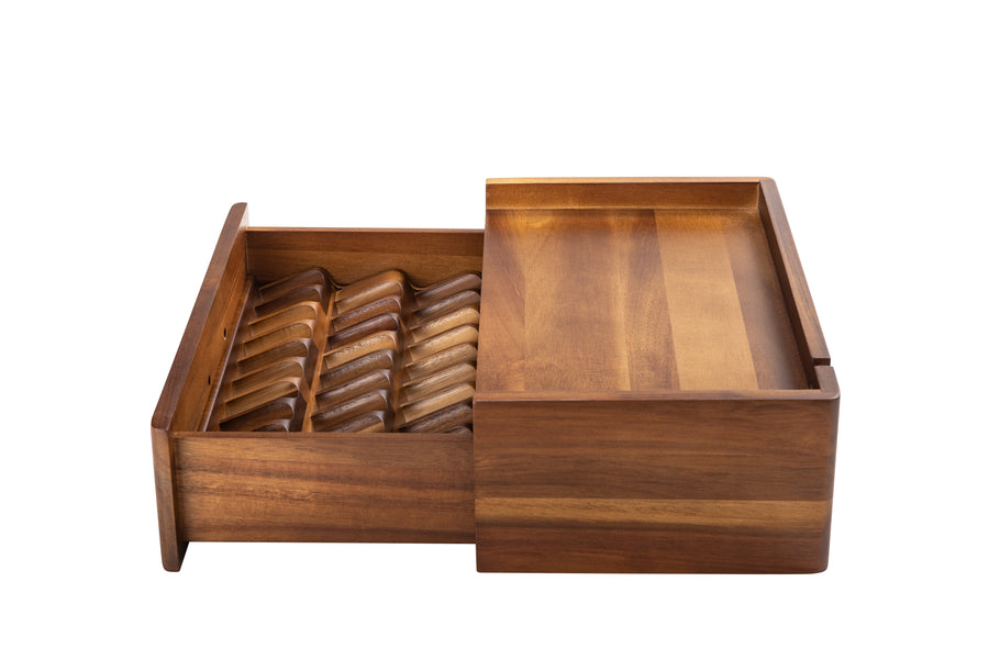 Essential Oil Storage Box Acacia Wood Organizer with Drawer Custom Engraved Diffuser Cable Slot Gift for Aromatherapy Meditation Space