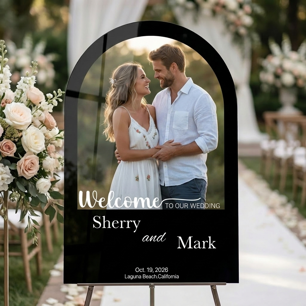 Wedding welcome sign with picture wedding aisle sign decor wedding item sign gold rectangular acrylic board event ceremony signage
