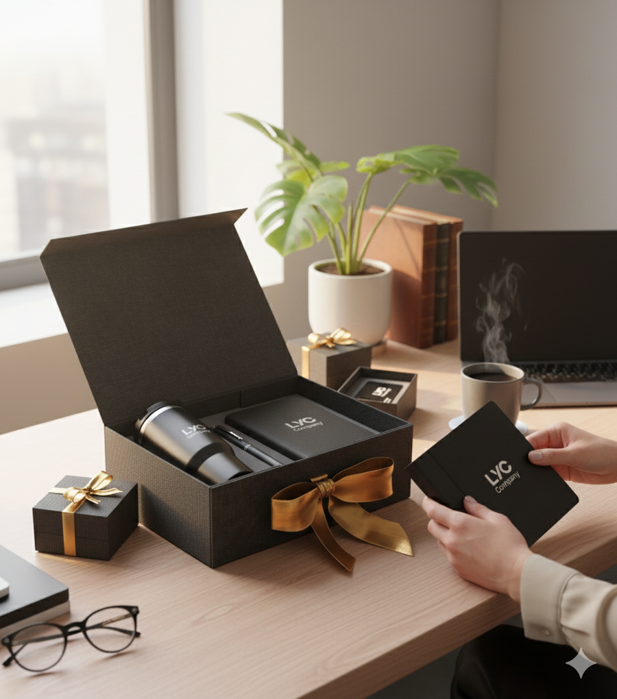 Custom magnetic gift box with ribbon personalized message luxury corporate packaging set branded client gift foldable presentation box