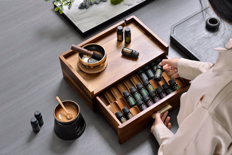 Essential Oil Storage Box Acacia Wood Organizer with Drawer Custom Engraved Diffuser Cable Slot Gift for Aromatherapy Meditation Space