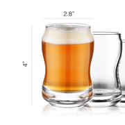 a glass of beer with a foamy head, and there is a smaller glass next to it. The larger glass is 2.8 inches tall, and the smaller glass is 4 inches tall.