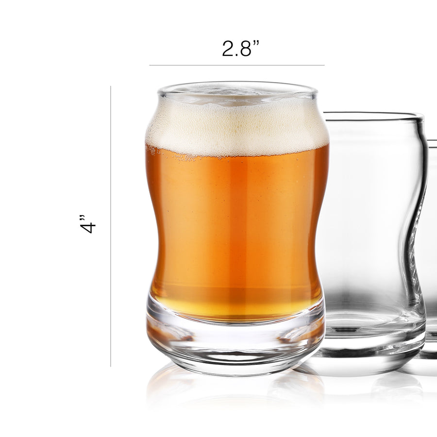 a glass of beer with a foamy head, and there is a smaller glass next to it. The larger glass is 2.8 inches tall, and the smaller glass is 4 inches tall.