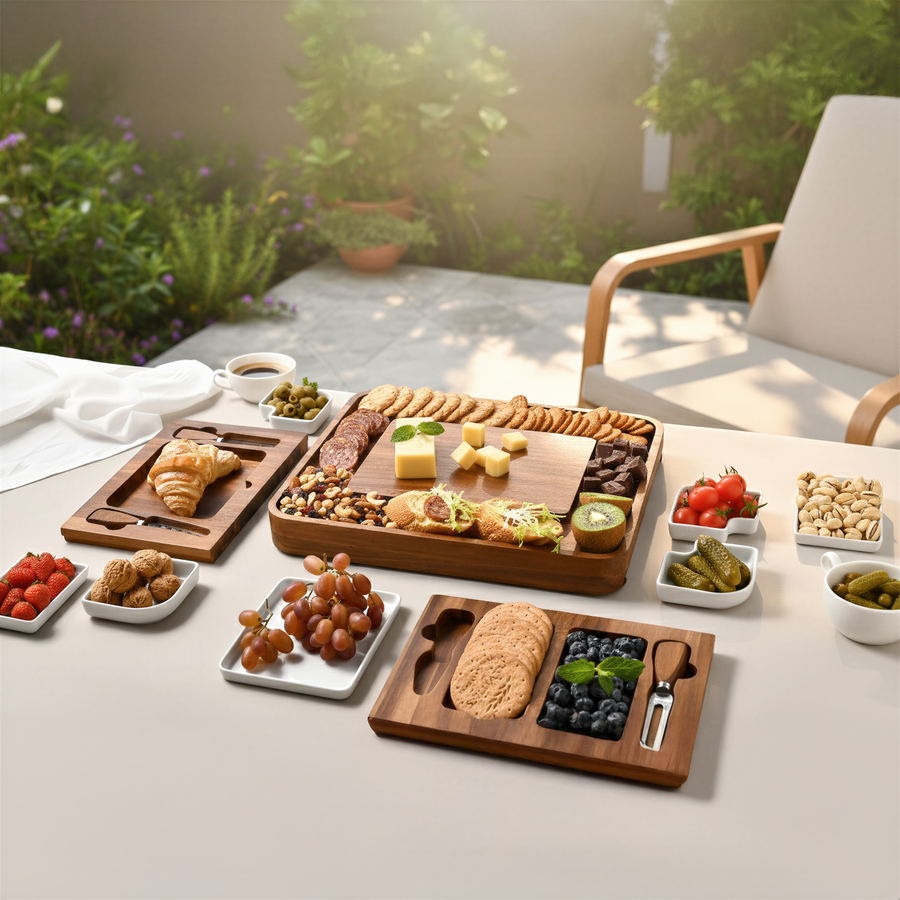 A wooden platter filled with various snacks and appetizers, including grapes, cheese, crackers, and other finger foods, is displayed on a table with a chair and potted plants in the background.