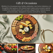 The image is a collage of three photos showcasing a wooden cheese board with various types of cheese, crackers, and other snacks arranged on it.