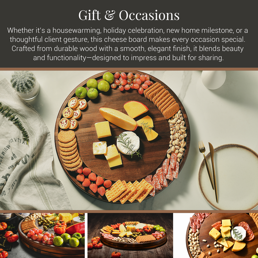 The image is a collage of three photos showcasing a wooden cheese board with various types of cheese, crackers, and other snacks arranged on it.