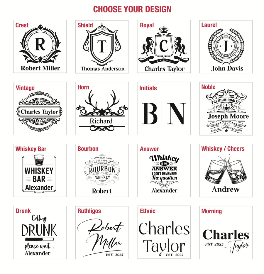 a collection of personalized designs, including monikers, logos, and text, that can be used for various purposes such as gifts, stationery, or wall art. The designs vary in style and theme, ranging from vintage and whiskey-related to ethnic and morning-themed. The image does not contain any redundancy or vague descriptions, and it focuses on showcasing the diverse range of designs available for personalization.