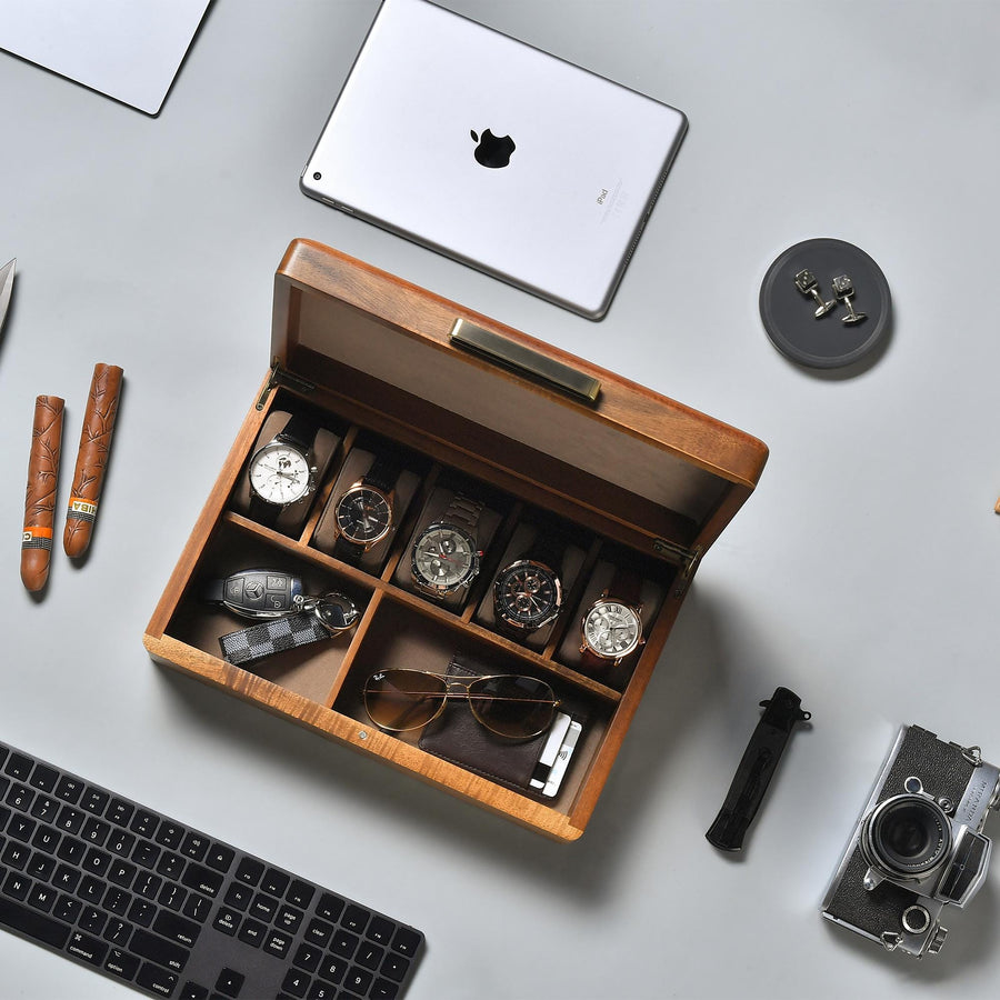 Personalized Watch Box For Men  5 Slots Large Engraved Wooden Storage with Divider and Velvet Pillows