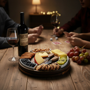 a wooden table with a wine bottle, a wine glass, a plate of cheese, crackers, grapes, and a bowl of blueberries. Two people are sitting at the table, one of them is holding a deck of cards.