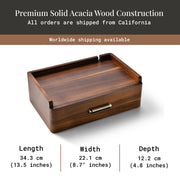 a wooden box with a handle, likely for storage or organization purposes.