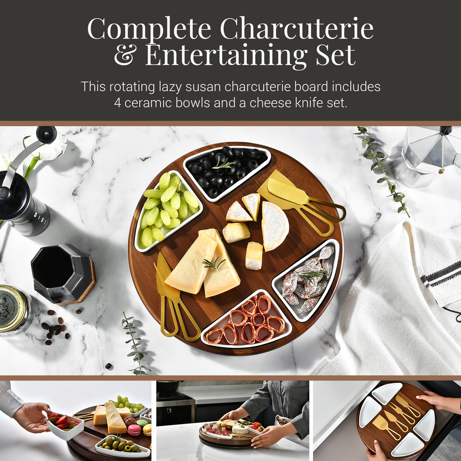 The image is a collage of three photos showcasing a complete charcuterie and entertaining set. The set includes a rotating lazy Susan charcuterie board with four ceramic bowls and a cheese knife set.