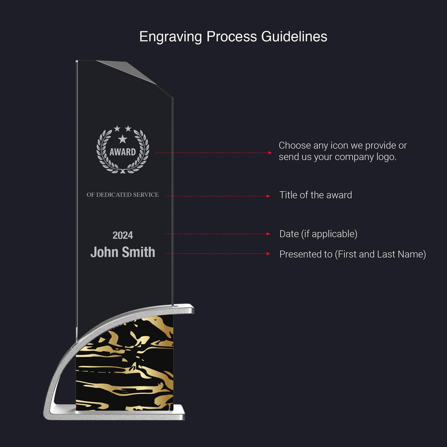 Engraving guidelines for an award featuring a gold pattern base include placement for a company logo, award title, date, and recipient’s name, exemplified with John Smith for 2024 under Dedicated Service.