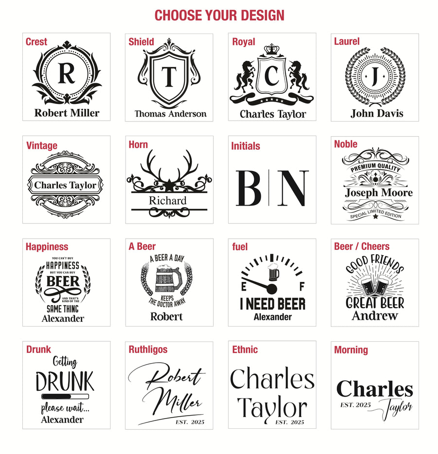 a collection of personalized designs, including monikers, logos, and text, that can be used for various purposes such as gifts, merchandise, or branding.