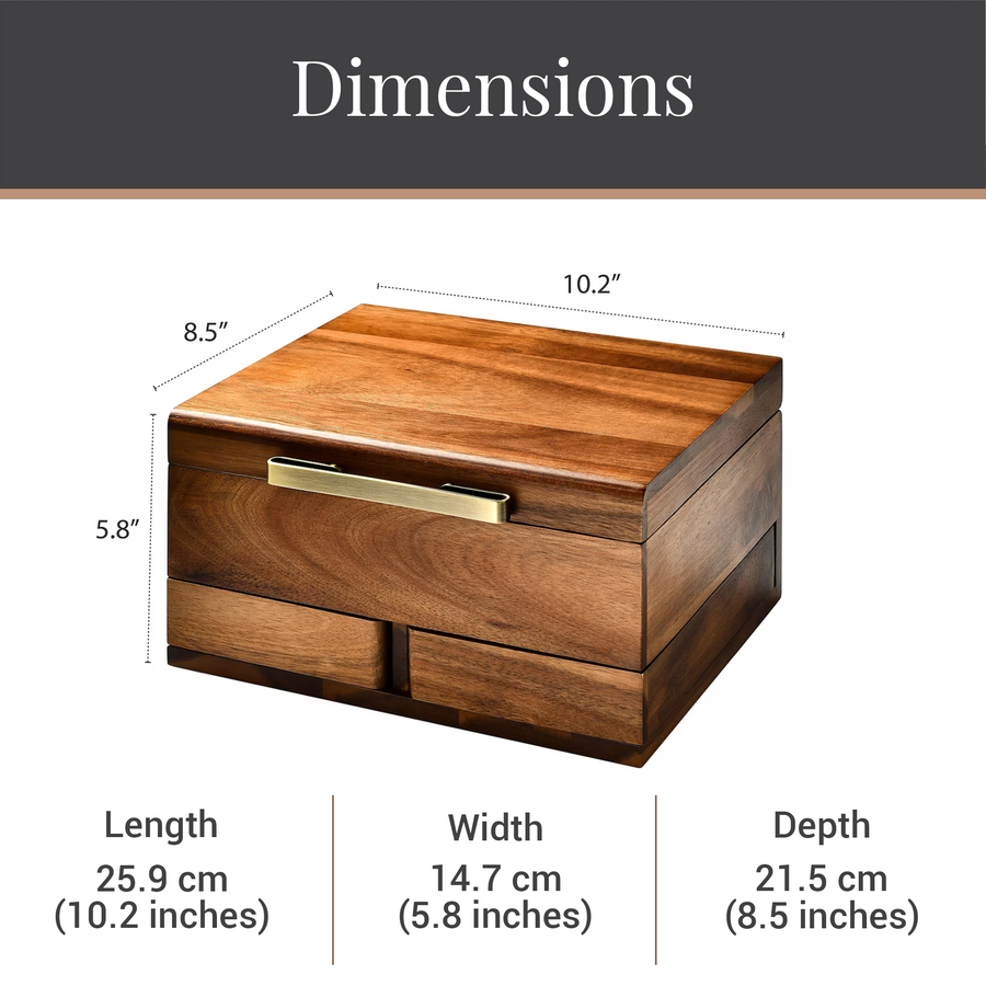 a wooden box with dimensions and measurements provided.