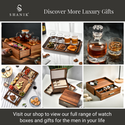 The image is a collage of six different images showcasing various luxury gift items, including a wooden tray with snacks, a wooden box with a watch, a wooden box with a watch, a wooden box with a watch, a wooden box with a watch, and a wooden box with a watch. The images are arranged in a grid format, with each image featuring a different luxury gift item.
