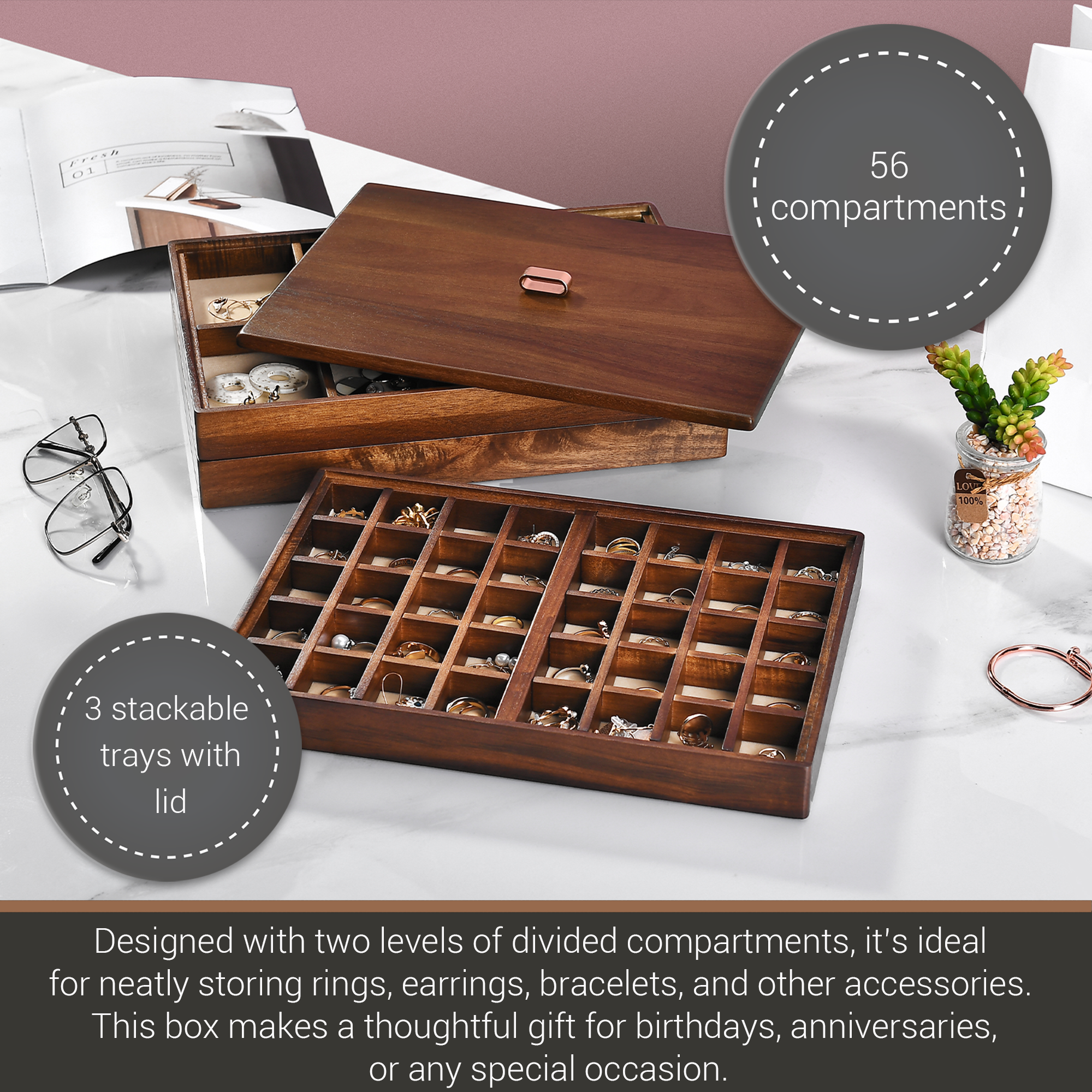 a wooden jewelry box with multiple compartments, designed with two levels of divided compartments, which makes it ideal for neatly storing rings, earrings, bracelets, and other accessories. The box is described as ideal for birthdays, anniversaries, or any special occasion.