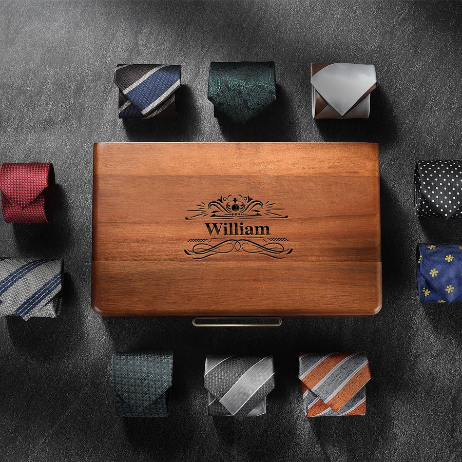 a wooden box filled with different types of ties