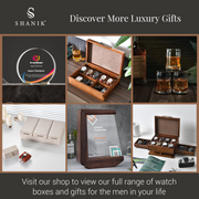 The image is a collage of six different items, including a wooden box, a bottle of whiskey, a glass of whiskey, a wooden box with a watch inside, a wooden box with a watch inside, and a wooden box with a watch inside. The collage also includes text that reads "Discover More Luxury Gifts" and "Visit our shop to view our full range of watch boxes and gifts for the men in your life".