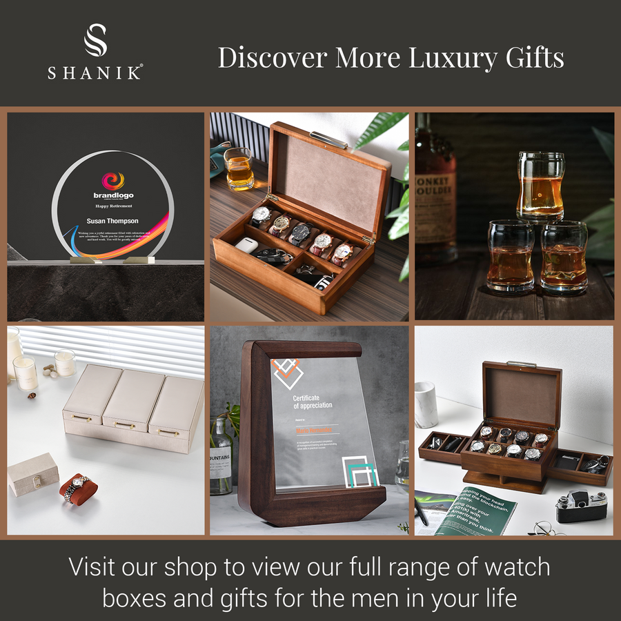 The image is a collage of six different items, including a wooden box, a bottle of whiskey, a glass of whiskey, a wooden box with a watch inside, a wooden box with a watch inside, and a wooden box with a watch inside. The collage also includes text that reads "Discover More Luxury Gifts" and "Visit our shop to view our full range of watch boxes and gifts for the men in your life".