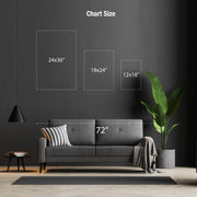a modern living room with a gray sofa, a potted plant, and a black lamp. The sofa is positioned against a gray wall, and there are three framed artworks of different sizes displayed above it. The artworks are labeled with their respective sizes in inches, providing a visual representation of the room's decor.