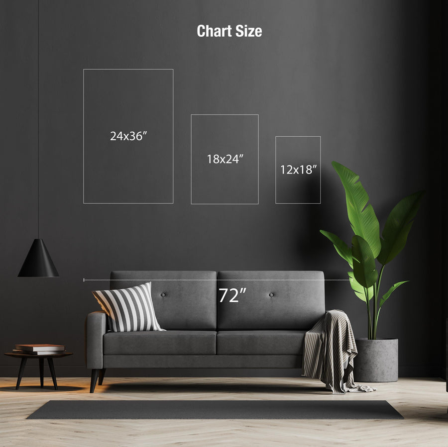 a modern living room with a gray sofa, a potted plant, and a black lamp. The sofa is positioned against a gray wall, and there are three framed artworks of different sizes displayed above it. The artworks are labeled with their respective sizes in inches, providing a visual representation of the room's decor.