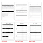 six different planners, each with its own layout and design, including a baby logbook, garden journal planner, cleaning planner, weekly planner, chore chart planner, and priority planner.