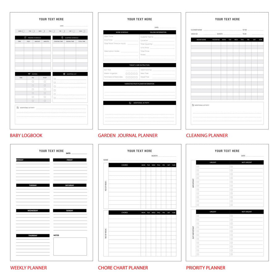six different planners, each with its own layout and design, including a baby logbook, garden journal planner, cleaning planner, weekly planner, chore chart planner, and priority planner.
