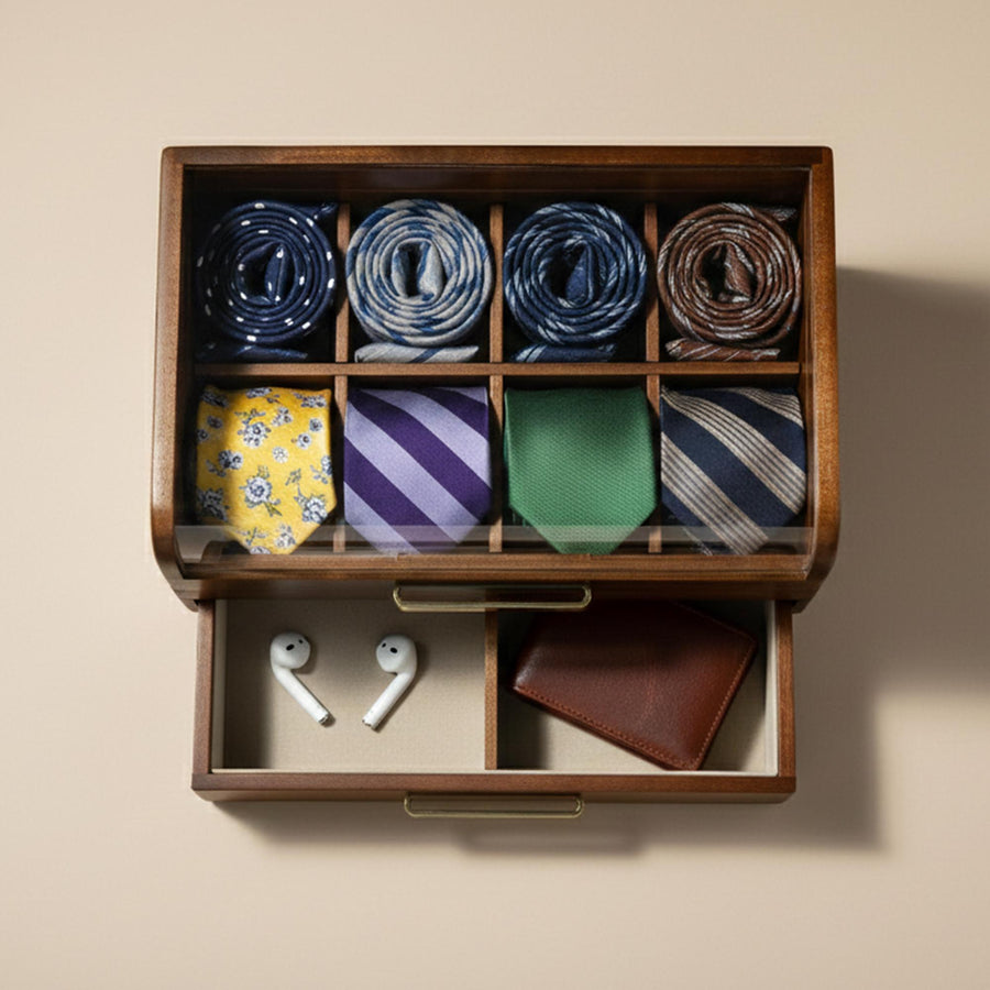 A wooden drawer with compartments, containing a variety of ties in different colors and patterns, along with a pair of white earbuds and a brown wallet.