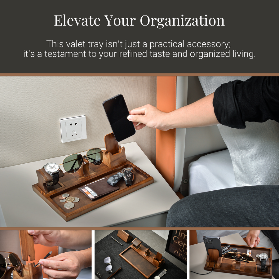 The image is a collage of three photos showing a person using a wooden tray to organize and charge their electronic devices, including a smartphone, a tablet, and a pair of glasses.
