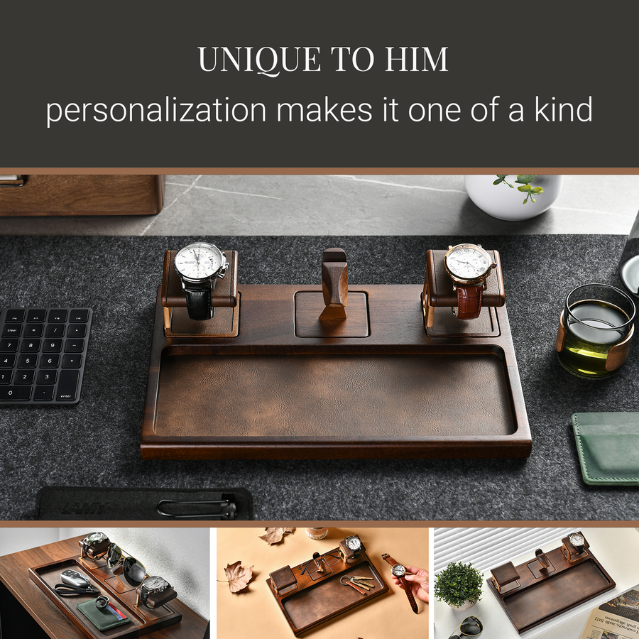 The image showcases a wooden watch stand with three watch faces on it, accompanied by a keyboard, a cup, and a plant. The text above the image reads "UNIQUE TO HIM personalization makes it one of a kind".