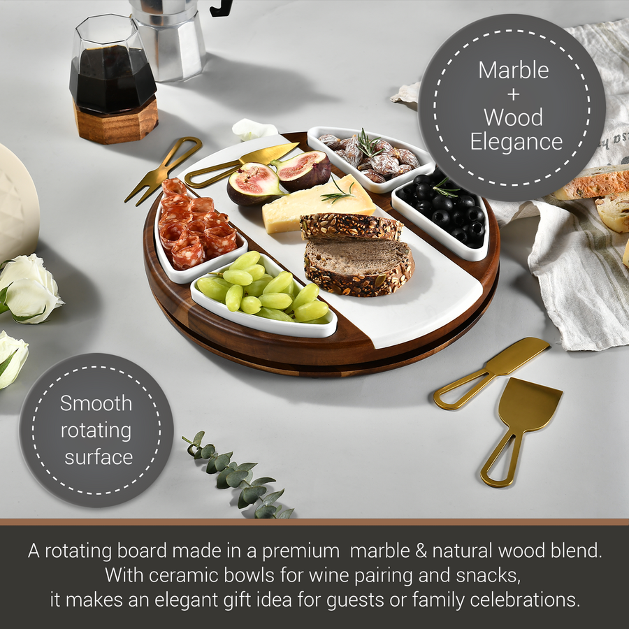 The image showcases a marble and wood-themed serving platter with a rotating surface, accompanied by various food items and serving utensils. The platter is made of a premium marble and natural wood blend, with ceramic bowls for wine pairing and snacks. The platter is designed to make an elegant gift idea for guests or family celebrations.