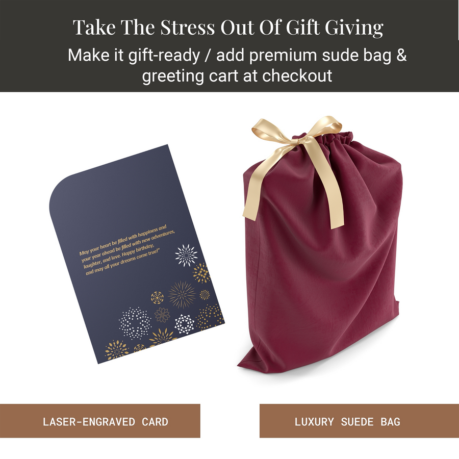a gift bag with a maroon color and a gold ribbon, along with a black and gold card with a message about gift giving.