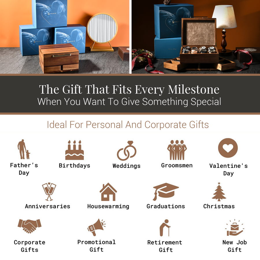 The image is a collage of various gift ideas, including personal and corporate gifts, ideal for different occasions such as Father's Day, birthdays, weddings, groomsmen, Valentine's Day, anniversaries, housewarming, graduations, Christmas, corporate gifts, promotional gifts, retirement gifts, and new job gifts.