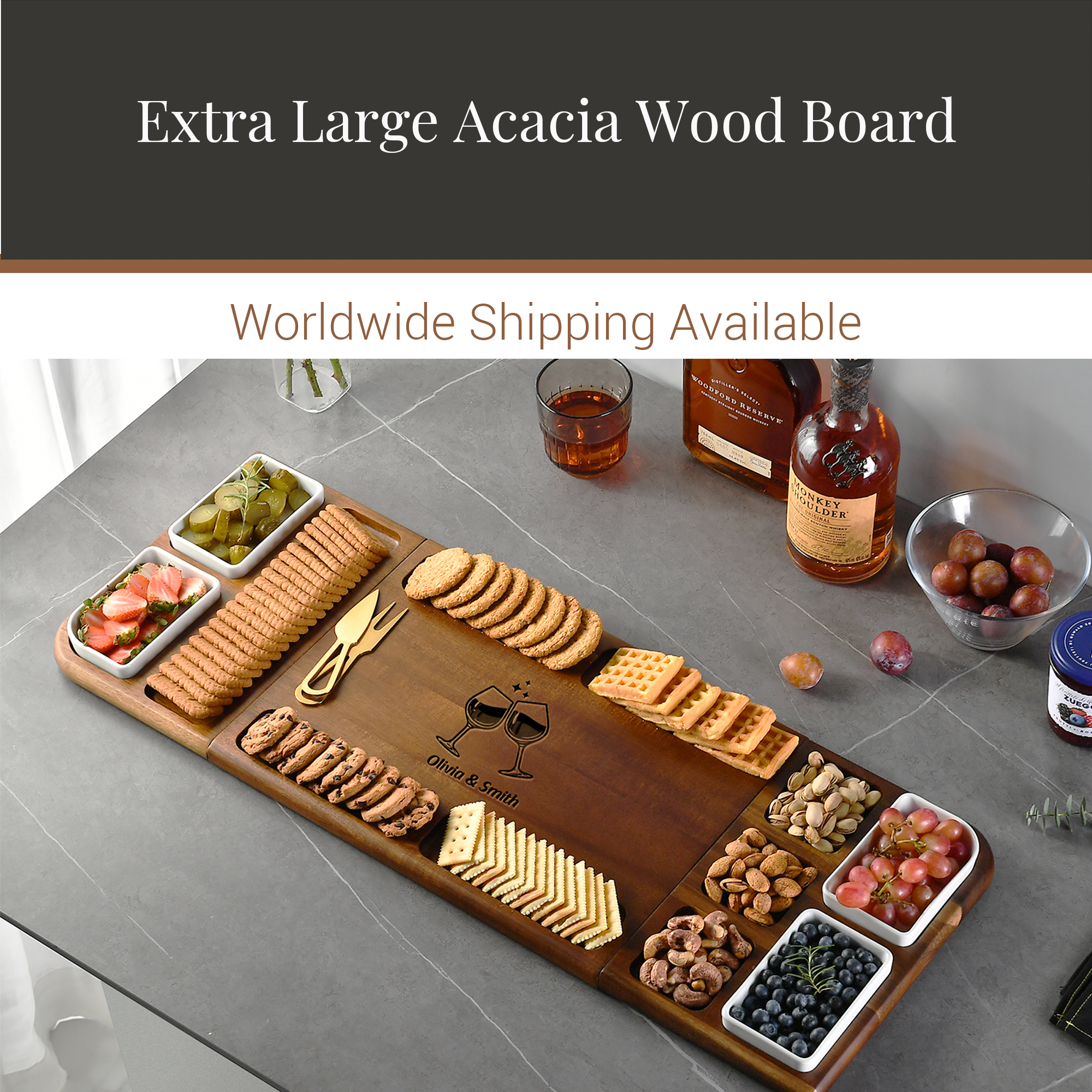 a large wooden serving board filled with various snacks and appetizers, including crackers, nuts, grapes, and cheese, along with a bottle of whiskey and a wine glass.