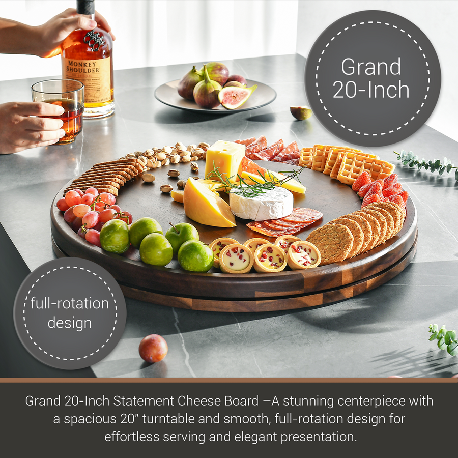 a large, 20-inch statement cheese board with a full-rotation design, showcasing a variety of cheeses, crackers, grapes, and other snacks arranged on a wooden platter. A bottle of Monkey Shouler rum is also present, adding a touch of sophistication to the presentation. The image is described as a "collage of multiple images" and "a stunning centerpiece with a spacious 20-inch turntable and smooth, full-rotation design for effortless serving and elegant presentation."