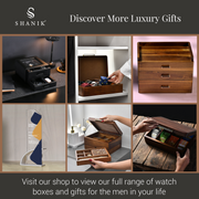 The image is a collage of six photos showcasing various luxury gift items, including a wooden box, a wooden box with compartments, and a wooden box with compartments and a glass display.