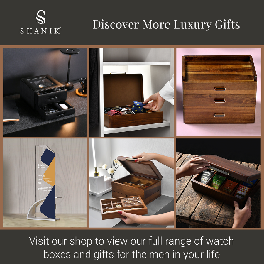 The image is a collage of six photos showcasing various luxury gift items, including a wooden box, a wooden box with compartments, and a wooden box with compartments and a glass display.