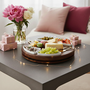 A wooden tray filled with an assortment of fruits, cheese, and other snacks is placed on a table, accompanied by a vase of pink peonies and a string of lights.