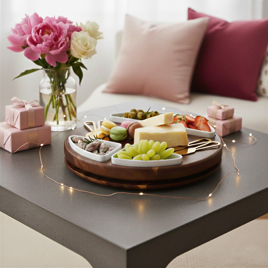 A wooden tray filled with an assortment of fruits, cheese, and other snacks is placed on a table, accompanied by a vase of pink peonies and a string of lights.