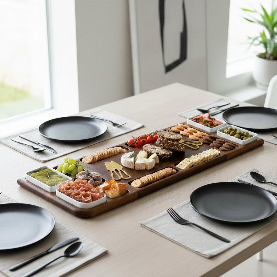 A wooden platter filled with various appetizers, cheeses, crackers, and other finger foods is displayed on a table, accompanied by place settings and utensils.