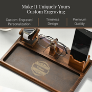 a wooden desk organizer with a smartphone holder and a pair of glasses, showcasing a custom engraving and a premium quality design.
