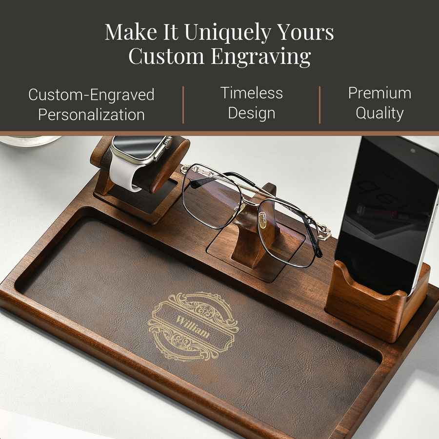 a wooden desk organizer with a smartphone holder and a pair of glasses, showcasing a custom engraving and a premium quality design.