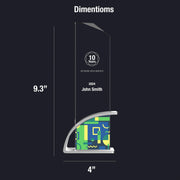 Award dimensions: 9.3 inches in height and 4 inches in width, featuring a 10 Years of Dedicated Service design for John Smith, 2024, with a colorful geometric pattern on the base.